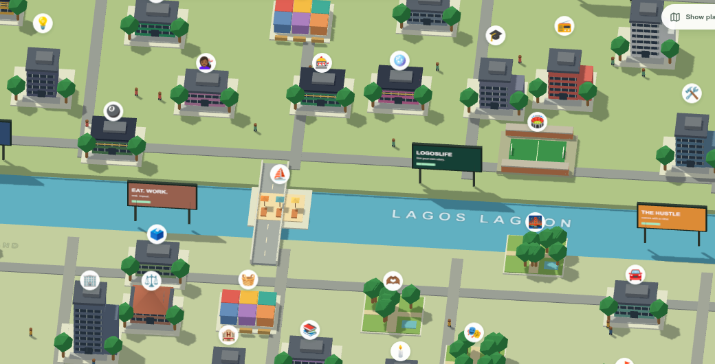 Neighbourhoods and a lagoon in the LogosLife game world